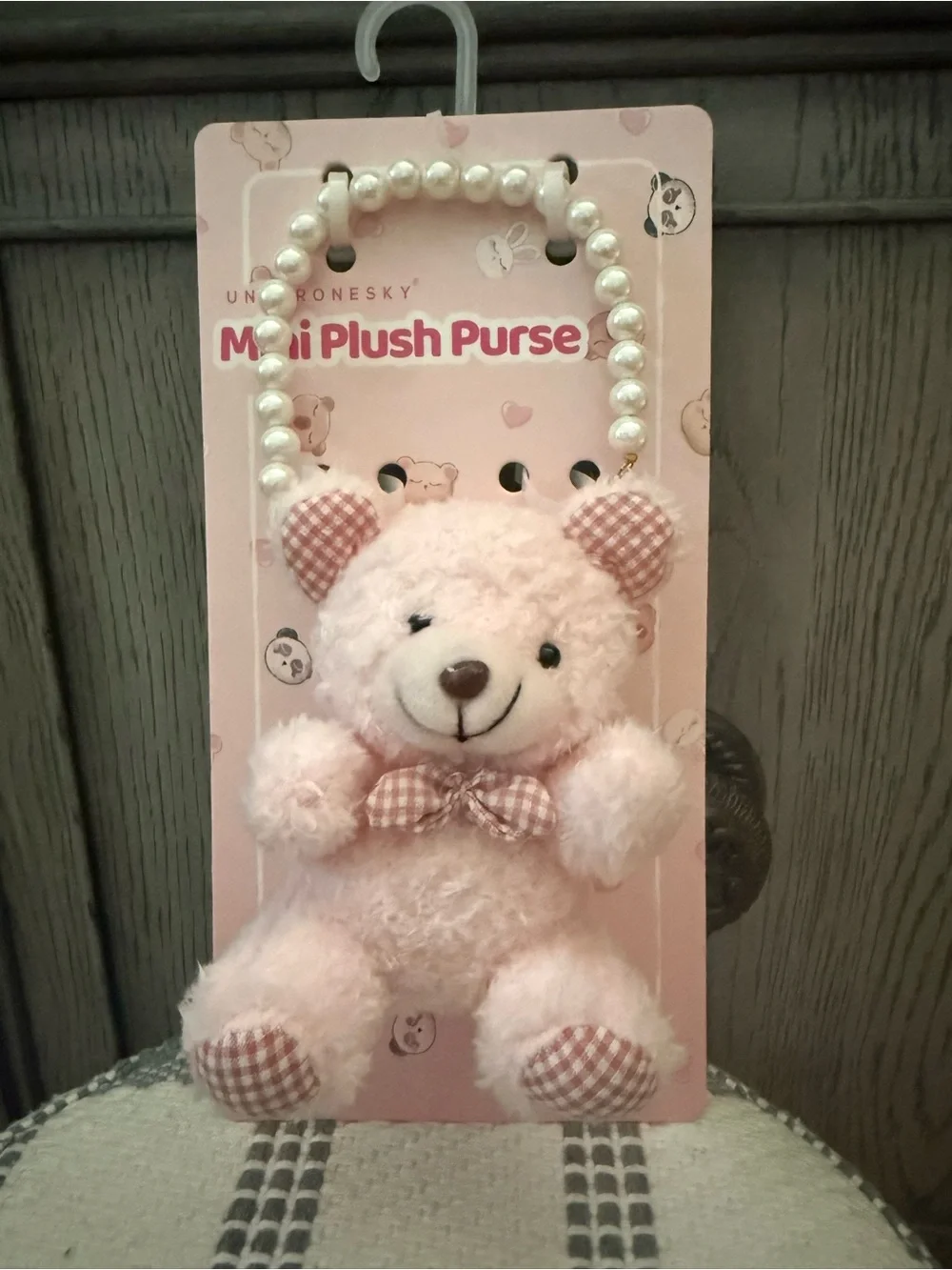 Under One Sky Pink Plush Bear Mini Purse with Pearl Bead Handle